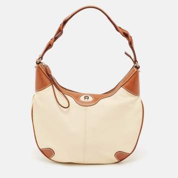 Pre Owned Aigner Brown/Off White Leather Logo Hobo