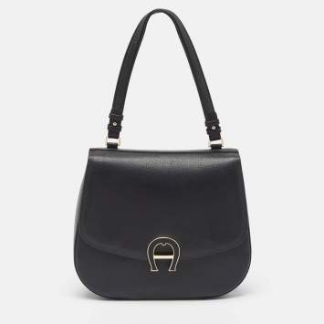 Pre Owned Aigner Black Leather Logo Flap Top Handle Bag