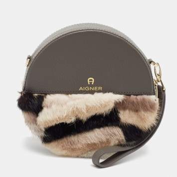 Pre Owned Aigner Grey Faux Fur and Leather Round Wristlet Clutch