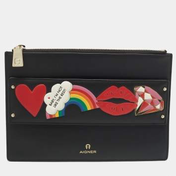 Pre Owned Aigner Black Leather Motif Zip Pouch