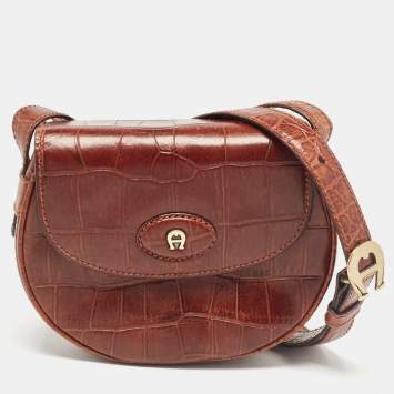 Pre Owned Aigner Dark Brown Croc Embossed Leather Flap Saddle Crossbody Bag