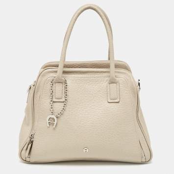 Pre Owned Aigner Light Beige Leather Double Zip Satchel