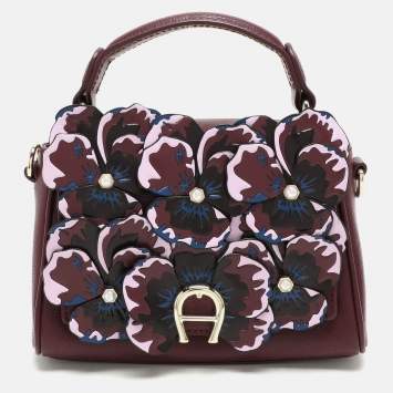 Pre Owned Aigner Burgundy Leather Embellished Top Handle Bag