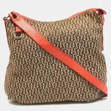 Pre Owned Aigner Beige/Orange Monogram Canvas and Leather Zip Crossbody Bag