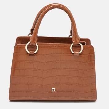 Pre Owned Aigner Brown Croc Embossed Leather Tote