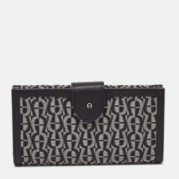 Pre Owned Aigner Black/White Signature Canvas and Leather Continental Wallet