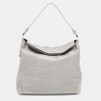 Pre Owned Aigner Grey Croc Embossed Leather Logo Shoulder Bag