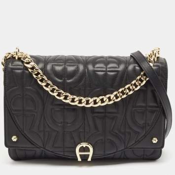 Pre Owned Aigner Black Embossed Leather Small Diadora Crossbody Bag