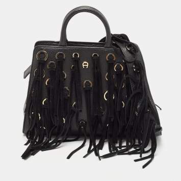 Aigner Black Leather and Suede Small Fringe Cybill Bag