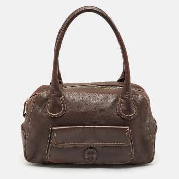 Pre Owned Aigner Dark Brown Leather Front Pocket Satchel
