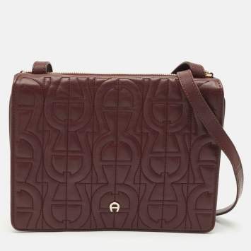 Aigner Burgundy Logo Embossed Leather Flap Crossbody Bag