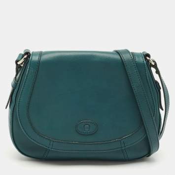 Aigner Green Leather Logo Flap Crossbody Bag