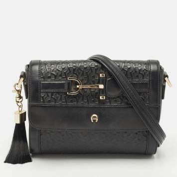 Aigner Black Leather Logo Embossed Flap Crossbody Bag