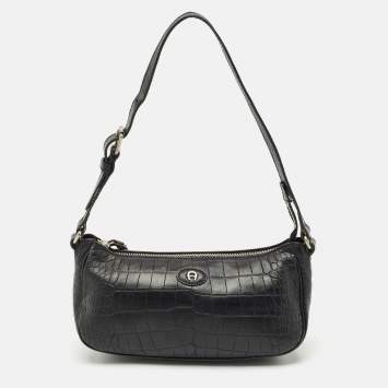 Pre Owned Aigner Black Croc Embossed Leather Buckle Shoulder Bag
