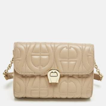 Pre Owned Aigner Beige Logo Embossed Leather Genoveva Belt Bag