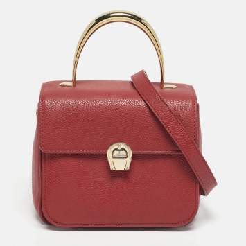 Pre Owned Aigner Red Leather Genoveva Top Handle Bag