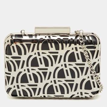 Pre Owned Aigner Tesora Black Leather and Metal Cut-Out Minaudiere Chain Clutch