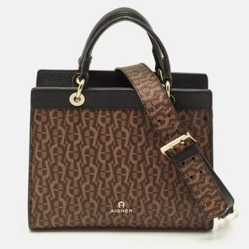 Pre Owned Aigner Carol Brown/Black Signature Coated Canvas Top Handle Bag