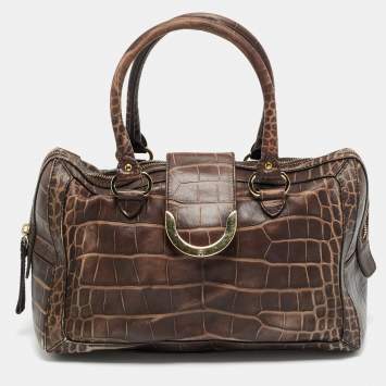 Pre Owned Aigner Brown Croc Embossed Leather Zip Satchel