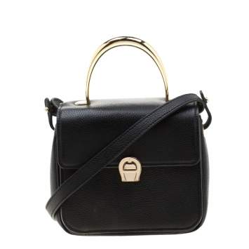 Pre Owned Aigner Black Leather Genoveva Top Handle Bag