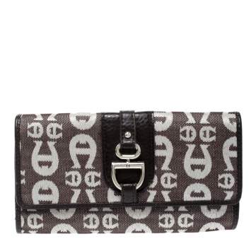 Pre Owned Aigner Brown/White Signature Canvas Continental Flap Wallet