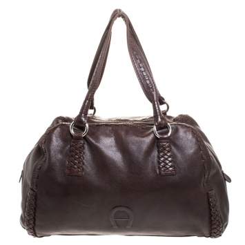 Pre Owned Aigner Brown Woven Leather Satchel 
