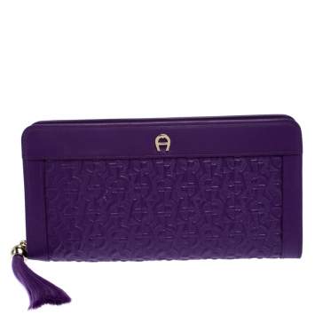 Pre Owned Aigner Purple Monogram Embossed Leather Cavallina Zip Around Wallet