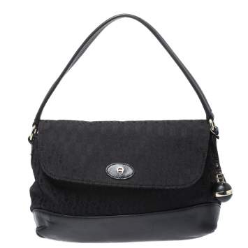 Pre Owned Aigner Black Canvas and Leather  Flap Satchel