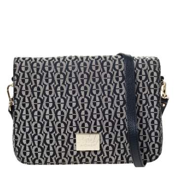 Pre Owned Aigner Grey/Black Signature Canvas and Leather Crossbody Bag