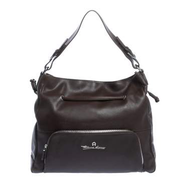 Pre Owned Aigner Dark Brown Leather Drawstring Front Pocket Top Handle Bag