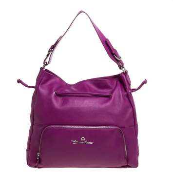 Pre Owned Aigner Purple Leather Drawstring Top Handle Bag