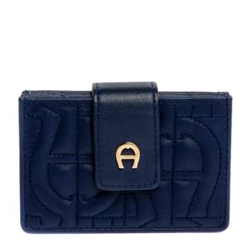 Pre Owned Aigner Blue Quilted Leather Card Holder
