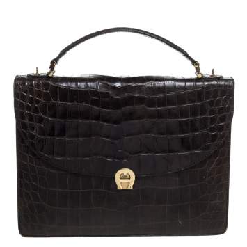 Pre Owned Aigner Black Croc Embossed Leather Logo Buckle Flap Top Handle Bag