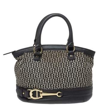 Pre Owned Aigner Black Signature Canvas and Leather Satchel
