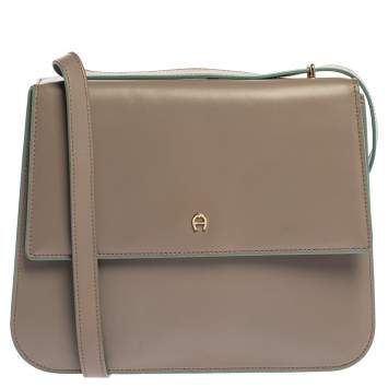 Pre Owned Aigner Grey/Turquoise Leather Flap Triple Compartment Shoulder Bag