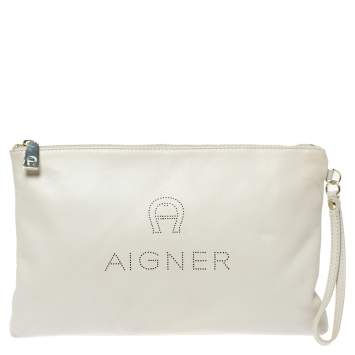 Pre Owned Aigner Cream Leather Wristlet Pouch