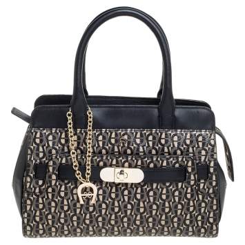Pre Owned Aigner Black/White Coated Canvas and Leather Turn Lock Satchel