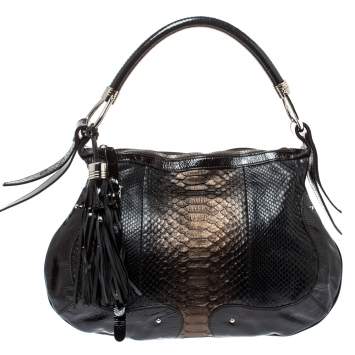 Pre Owned Aigner Dark Brown Python and Patent Leather Tassel Hobo