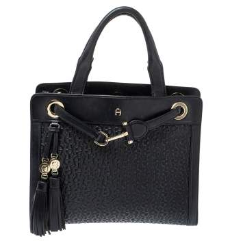 Pre Owned Aigner Dark Blue Signature Embossed Leather Cavallina Tote