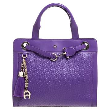 Pre Owned Aigner Purple Logo Embossed Leather Cavallina Tote
