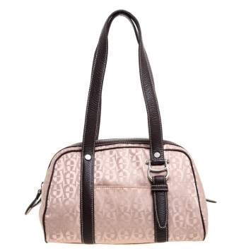 Pre Owned Aigner Brown Nylon and Leather Trim Signature Print Travel Collection Mini Satchel