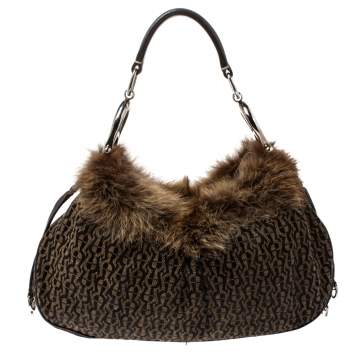 Pre Owned Aigner Brown Signature Canvas,Leather and Faux Fur Logo Handle Hobo