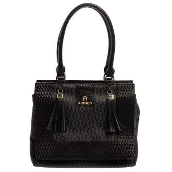 Pre Owned Aigner Black Signature Coated Canvas And Leather Tassel Top Handle Bag