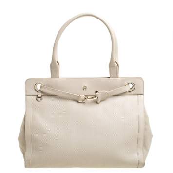 Pre Owned Aigner Cream Leather Cavallina Tote