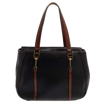 Pre Owned Aigner Black/Brown Grained Leather Logo Metal Handle Tote
