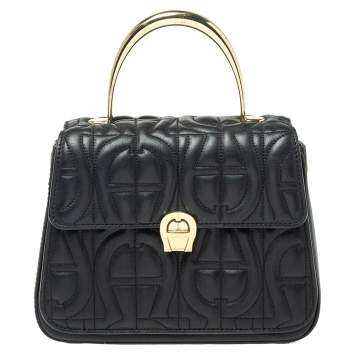 Pre Owned Aigner Black Signature Leather Genoveva Top Handle Bag
