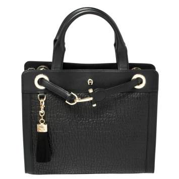Pre Owned Aigner Black Pebbled Leather Cavallina Tote