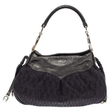 Pre Owned Aigner Black Signature Canvas and Shimmer Nubuck Leather Logo Handle Hobo