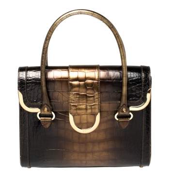 Pre Owned Aigner Brown Ombre Croc Embossed Leather Metal Bar Flap Tote