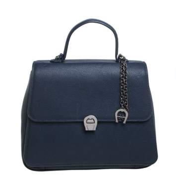 Pre Owned Aigner Navy Blue Leather Genevova Top Handle Bag